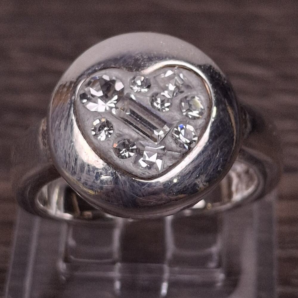 Sterling Silver 925 Heart CZ Dome Cocktail Ring Mixed Cut Baguette Stones Size 6